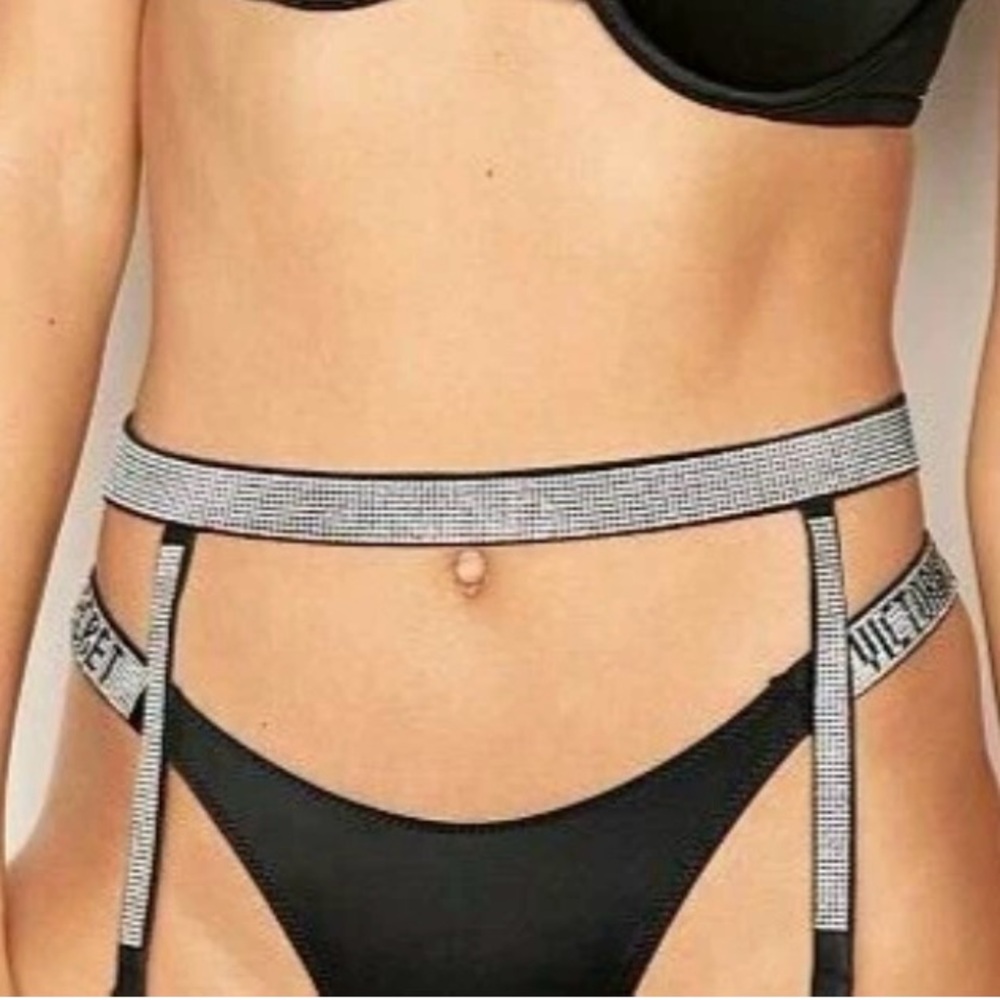 NEW Victoria's Secret Very Sexy Garter Belt Shine Strap Rhinestone M/L Black